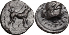 Sicily. Segesta. AR Litra, c. 480-461 BC. Hound standing right. / ΣΕΓΕΣΤΑZI-[B] (retrograde). Head of the nimph Segesta right. HGC 2 1159; SNG. Lloyd ...