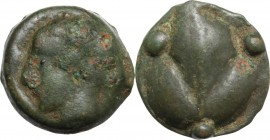 Sicily. Selinos. Cast AE Tetras or Trionkion, c. 450-440 BC. Female head left. / Selinon leaf; three pellets (mark of value) around. CNS I 7; HGC 2 Cf...