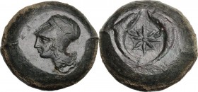 Sicily. Syracuse. Timoleon and the Third Democracy (344-317 BC). AE Litra, 344-317 BC. Head of Athena left, wearing Corinthian helmet. / Two dolphins ...