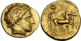 Continental Greece. Kings of Macedon. Philip II (350-336 BC) - Alexander III (336-323 BC). AV Stater in the name and types of Philip II. Pella mint, c...