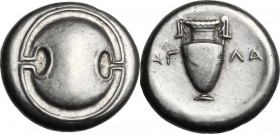 Continental Greece. Boeotia, Thebes. AR Stater, c. 395-338 BC. Boeotian shield. / Amphora; AΓ-ΛA across field; all within concave circle. BCD 551; SNG...