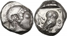 Continental Greece. Attica, Athens. AR Tetradrachm, c. 500/490-485/480 BC. Head of Athena right, wearing round earring and crested helmet decorated wi...