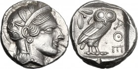 Continental Greece. Attica, Athens. AR Tetradrachm, c. 454-404 BC. Head of Athena right, with frontal eye, wearing earring, necklace and crested Attic...