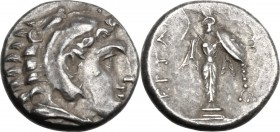 Greek Asia. Mysia, Pergamon. AR Diobol, c. 310-282 BC. Head of young Herakles right, wearing lion skin. / [Π]ΕPΓA[M]. Archaistic Palladion: statue of ...
