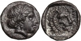Greek Asia. Troas, Antandros. AR Diobol, 5th century BC. Head of Artemis Astyrene right. / Head of lion right; before, ANTAN; all within incuse square...