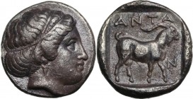 Greek Asia. Troas, Antandros. AR Drachm, early 4th century BC. Head of Artemis Astyrene right. / Goat standing right; above, ANTA; before, N; all with...