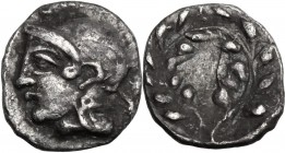 Greek Asia. Aeolis, Elaia. AR Hemiobol, c. 450-400 BC. Helmeted head of Athena left. / Wreath in incuse square. SNG Kayhan 1155. AR. 0.34 g. 8.00 mm. ...