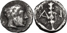 Greek Asia. Lesbos, Antissa. AR Obol, c. 400 BC. Youthful male head (apparently a sub-Saharan African) right. / Club upwards, dividing A-N; all within...