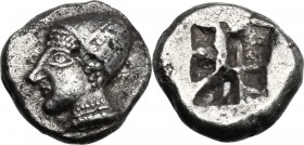 Greek Asia. Ionia, Phokaia. AR Hemihekte-Diobol (?) c. 521-478 BC. Female head left, wearing helmet or close fitting cap, earring and necklace. / Quad...