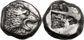 Greek Asia. Islands off Caria. Rhodos, Lindos. AR Stater, c. 515-475 BC. Lion's head right, with gaping jaws. / Square incuse, divided by band. Cf. SN...