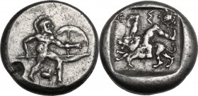 Greek Asia. Pamphylia, Aspendos. AR Stater, c. 465-430 BC. Warrior advancing right, holding spear and shield; turtle between legs. / Є-Σ. Triskeles ov...