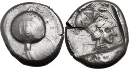 Greek Asia. Pamphylia, Side. AR Stater, c. 430-400 BC. Pomegranate. / Helmeted head of Athena right; olive branch before; all within incuse square. SN...