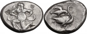 Greek Asia. Cilicia, Mallos. AR Stater, c. 440-385 BC. Bearded male, winged, in kneeling/running stance left, holding solar disk with both hands. / ΜΑ...