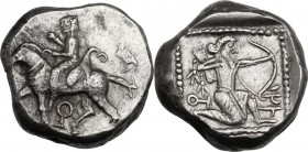 Greek Asia. Cilicia, Tarsos. AR Stater, late 5th century BC. Satrap on horseback riding left, reins in left hand, flower (?) in right; eagle perched l...
