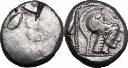Greek Asia. Cyprus, Lapethos. King Sidqmelek (?). AR Stater, c. 450-425 BC. [Helmeted head of Athena left]. / Helmeted head of Athena right, monogram ...