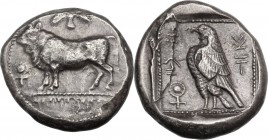 Greek Asia. Cyprus, Paphos. King Onasi. AR Stater, mid 5th century BC. Bull standing left on beaded double line; winged solar disk above; ankh to left...