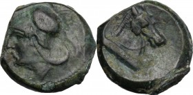 Anonymous. AE Half Unit, Neapolis, after 276 BC. Helmeted head of Minerva left. / [ROMANO]. Bridled horse's head right. Cr. 17/1a; HN Italy 278. AE. 6...