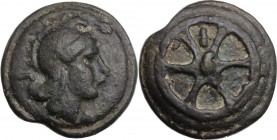 Roma/Wheel series. AE Cast As, c. 230 BC. Head of Roma right, wearing Phrygian helmet with pinnate crest; behind, I. / Wheel of six spokes; between tw...