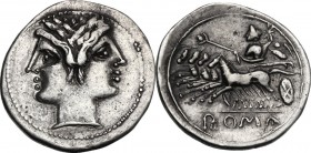 Anonymous. AR Drachm, c. 225-214 BC, uncertain mint, Sicily (?). Laureate janiform head of Dioscuri. / Jupiter holding sceptre and hurling thunderbolt...
