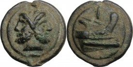 Janus/prow to right libral series. AE Cast As, c. 225-217 BC. Head of Janus; below, horizontal mark of value I; all on a raised disk. / Prow right; ab...