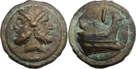 Janus/prow to right libral series. AE Cast As, c. 225-217 BC. Head of Janus; below, horizontal mark of value I; all on a raised disk. / Prow right; ab...
