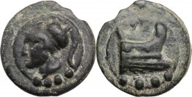 Janus/prow to right libral series. AE Cast Triens, c. 225-217 BC. Helmeted head of Minerva left; below, four pellets. / Prow right; below, four pellet...