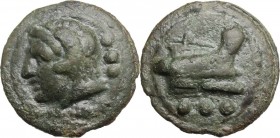 Janus/Prow to right libral series. AE Cast Quadrans, c. 225-217 BC. Head of Hercules left; behind, three pellets. / Prow right; below, three pellets. ...