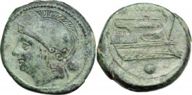 Semilibral series. AE Uncia, 217-215 BC. Helmeted head of Roma left; behind, pellet. / ROMA. Prow right; below, pellet. Cr. 38/6. AE. 13.06 g. 24.00 m...