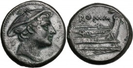 Semilibral series. AE Semuncia, c. 217-215 BC. Head of Mercury right, wearing winged petasus. / ROMA. Prow right. Cr. 38/7. AE. 7.03 g. 20.00 mm. A su...