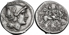 Anchor (first) series. AR Denarius, c. 209-208 BC. Helmeted head of Roma right; behind, X. / The Dioscuri galloping right; below, anchor; in exergue, ...