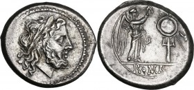 Anonymous. AR Victoriatus, after 218 BC. Laureate head of Jupiter right. / Victory standing right, crowning trophy; in exergue, ROMA. Cr. 53/1. AR. 3....