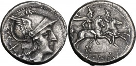 Anonymous. AR Denarius, after 211 BC. Helmeted head of Roma right; behind, X. / The Dioscuri galloping right; below, ROMA in linear frame. Cr. 53/2. A...