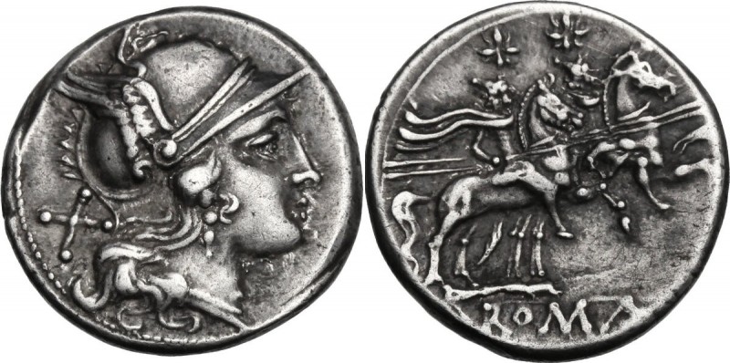 Anonymous. AR Denarius, after 211 BC. Helmeted head of Roma right; behind, X. / ...