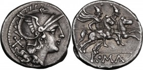 Anonymous. AR Denarius, after 211 BC. Helmeted head of Roma right; behind, X. / The Dioscuri galloping right; below, ROMA in linear frame. Cr. 53/2. A...