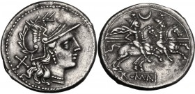 Crescent (first) series. AR Denarius, 207 BC. Helmeted head of Roma right; behind, X. / The Dioscuri galloping right; above, crescent and below, ROMA ...
