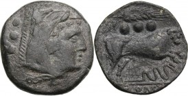Corn-ear series. AE Quadrans, 211-210 BC, Sicily. Head of Hercules right, wearing boar's skin; behind, three pellets. / Bull charging right; corn-ear ...