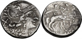 C. Aelius. AR Denarius, c. 209-208 BC. Helmeted head of Roma right, with loop beneath visor; behind, X. / The Dioscuri galloping right; below, ROMA in...