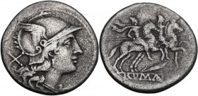 Corn-ear and crooked staff series. AR Denarius, c. 209-208, Sicily. Helmeted head of Roma right; behind, X. / The Dioscuri galloping right; below, cor...