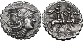 Six-spoked wheel series. AR Denarius, 209-208 BC (Sicily?). Helmeted head of Roma right; behind, X. / The Dioscuri galloping right; below, six-spoked ...