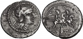 Anonymous. AR Quinarius, after 211 BC, Luceria mint (?). Helmeted head of Roma right; behind, V. / The Dioscuri galloping right; below, ROMA in linear...