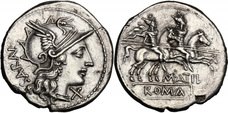 M. Atilius Saranus. AR Denarius, 148 BC. Helmeted head of Roma right; behind, SA...