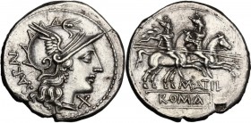 M. Atilius Saranus. AR Denarius, 148 BC. Helmeted head of Roma right; behind, SARAN upwards; before, X. / The Dioscuri galloping right; below, M. ATIL...