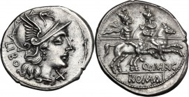 Q. Marcius Libo. AR Denarius, 148 BC. Helmeted head of Roma right; behind, LIBO; before, X. / The Dioscuri galloping right; below, Q. MARC; in exergue...