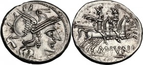 M. Iunius Silanus. AR Denarius, 145 BC. Helmeted head of Roma right; below chin, X; behind, ass's head. / The Dioscuri galloping right; below horses, ...