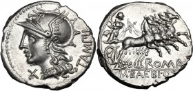 M. Baebius Q. f. Tampilus. AR Denarius, 137 BC. Helmeted head of Roma left, wearing necklace of pendants; below chin, X; behind, TAMPIL. / Apollo in p...