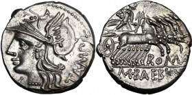 M. Baebius Q. f. Tampilus. AR Denarius, 137 BC. Helmeted head of Roma left, wearing necklace of beads; below chin, X; behind, TAMPIL. / Apollo in pran...