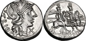 Cn. Lucretius Trio. AR Denarius, 136 BC. Helmeted head of Roma right; behind, TRIO; below chin, X. / The Dioscuri galloping right; below, CN. LVCR; in...