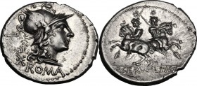 C. Servilius M.f. AR Denarius, 136 BC. Helmeted head of Roma right; behind, wreath; below, X and ROMA. / The Dioscuri galloping in opposite directions...