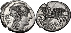 C. Aburius Geminus. AR Denarius, 134 BC. Helmeted head of Roma right; behind, GEM; below chin, X. / Mars in quadriga right; below, C. ABVRI; in exergu...