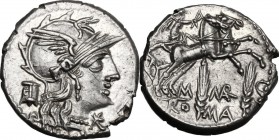 M. Marcius Mn. f. AR Denarius, 134 BC. Helmeted head of Roma right; below chin, X; behind, modius. / Victory in biga right; below, M MARC/ROMA divided...